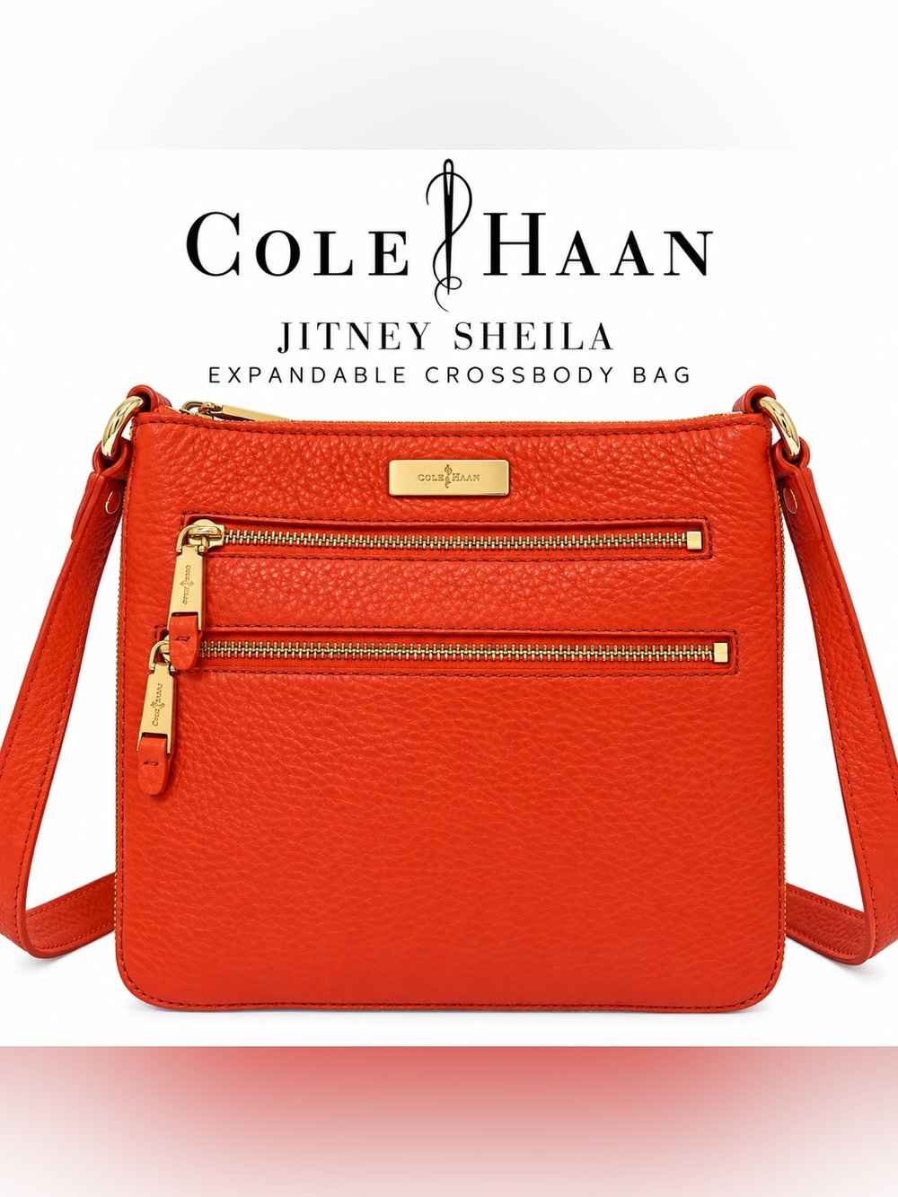 Cole Haan Jitney Sheila Crossbody Bag Coral Orange Pebbled Leather Expandable